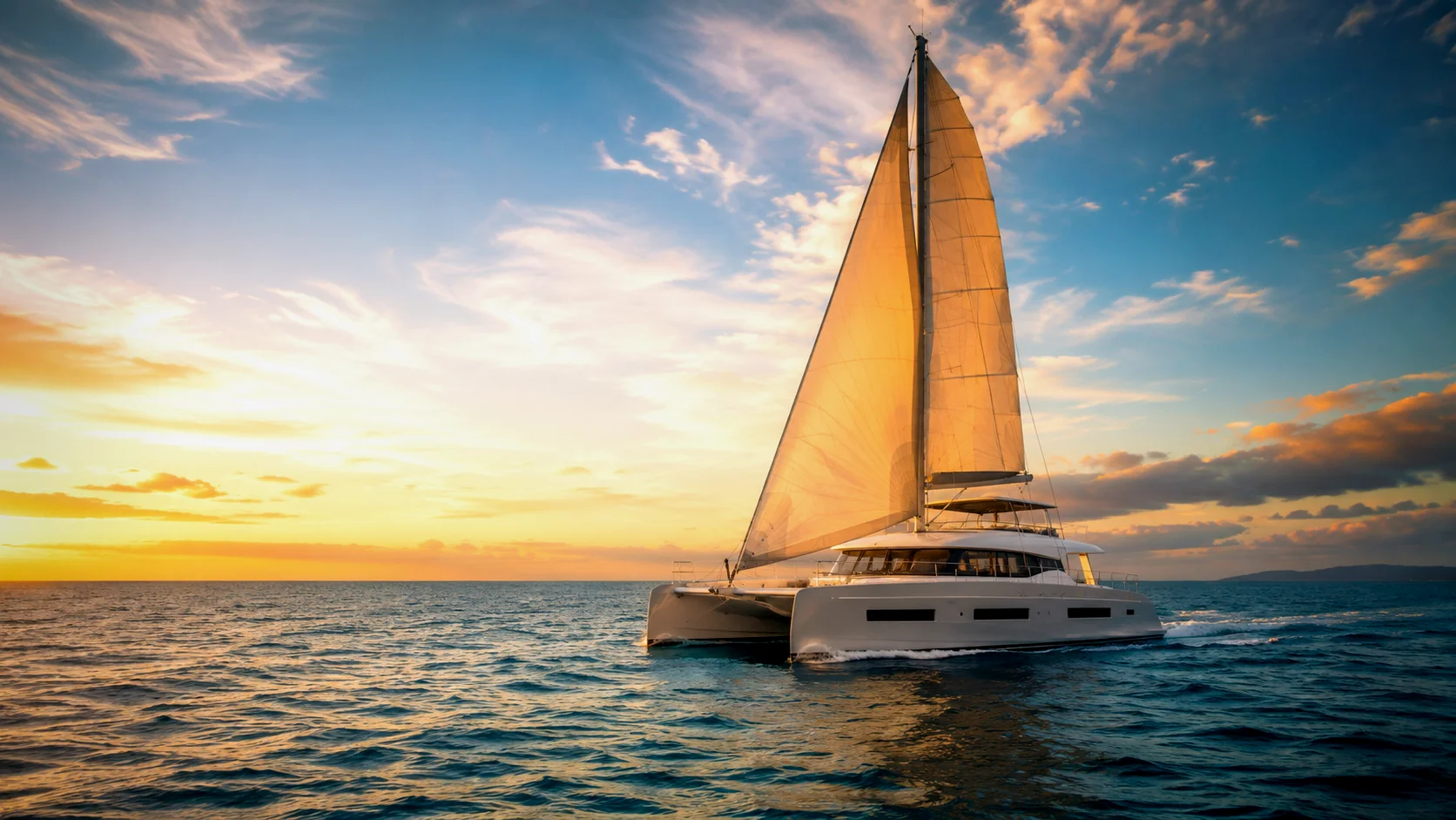Sailing catamaran anchored at golden hour off Baja California Sur